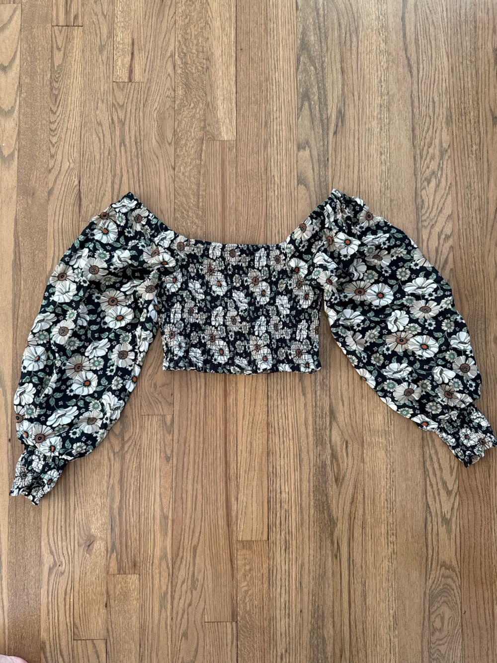 Floral Smocked Off-Shoulder Crop Top with Balloon Sleeves - Black